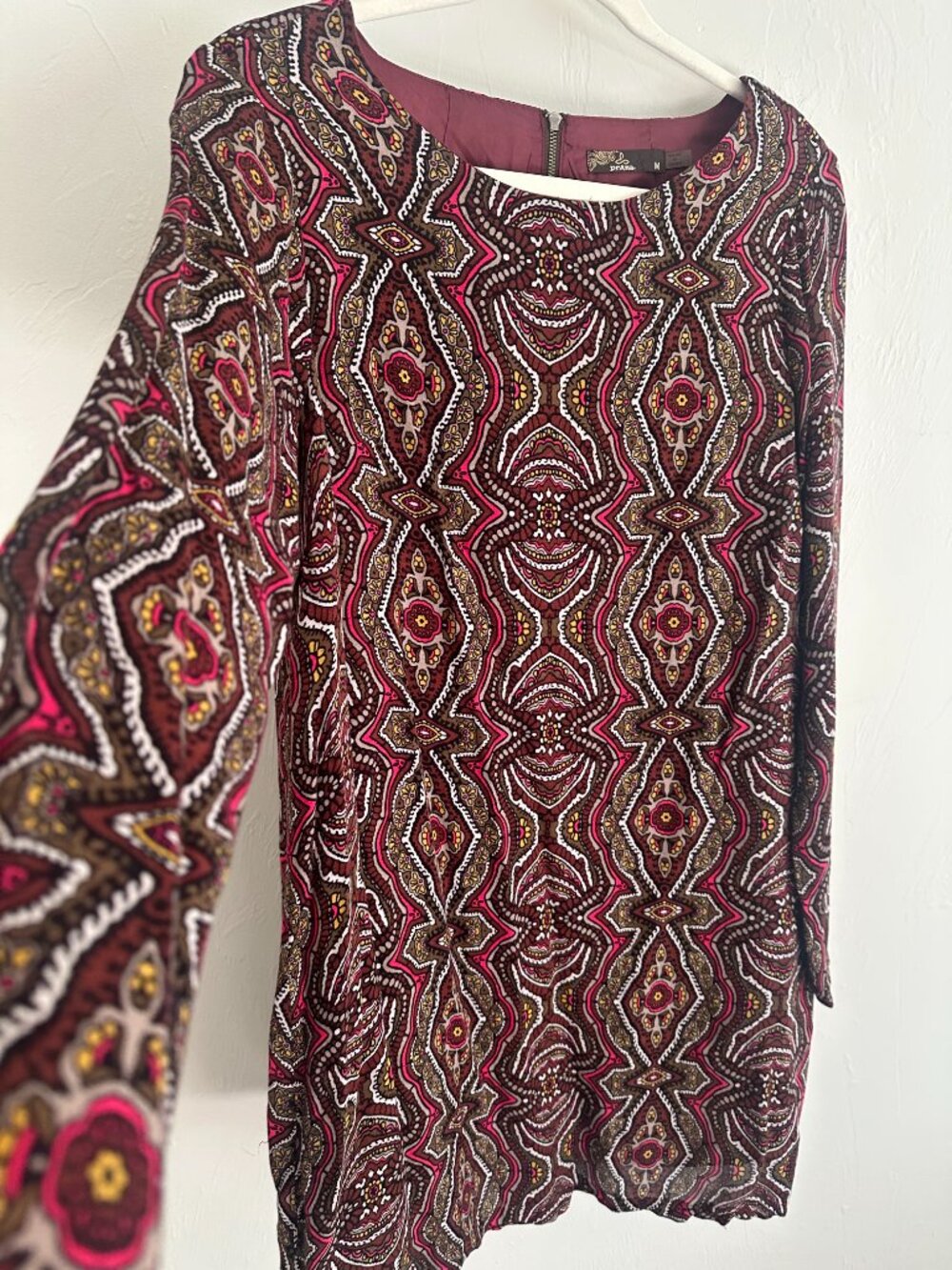 prANa Cece Medallion Print Long Sleeve Shift Dress Size M Burgundy Multi